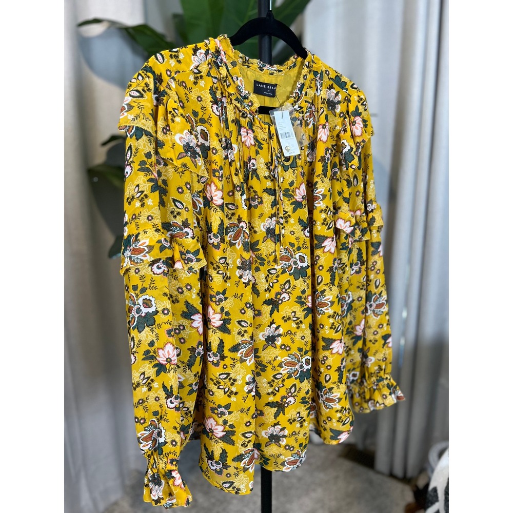 Lane Bryant Yellow Floral Ruffle Neck Pintuck Blouse Plus Size 20 NWT